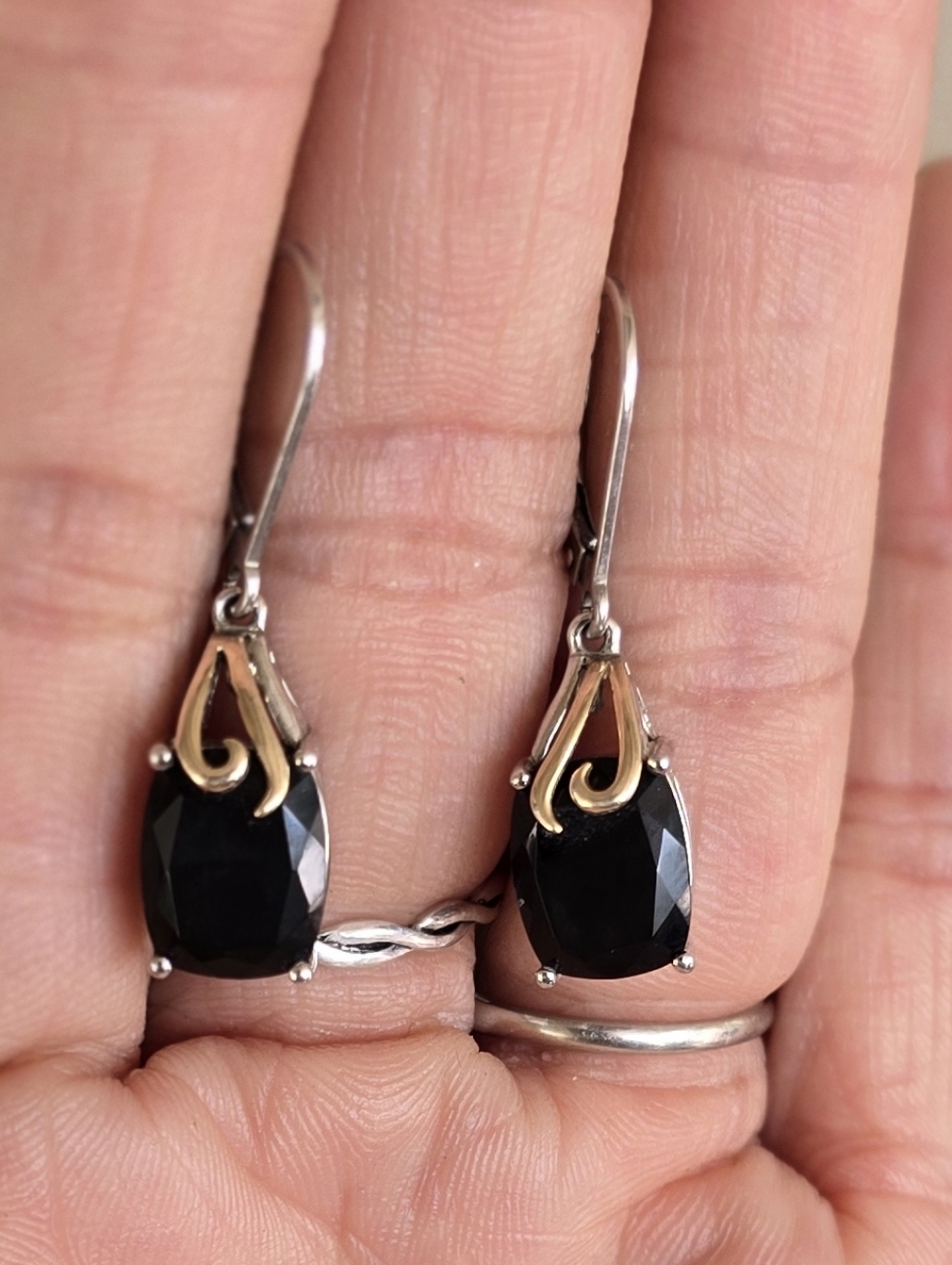 Estate designer 14k gold 925 sterling silver black tourmaline earrings